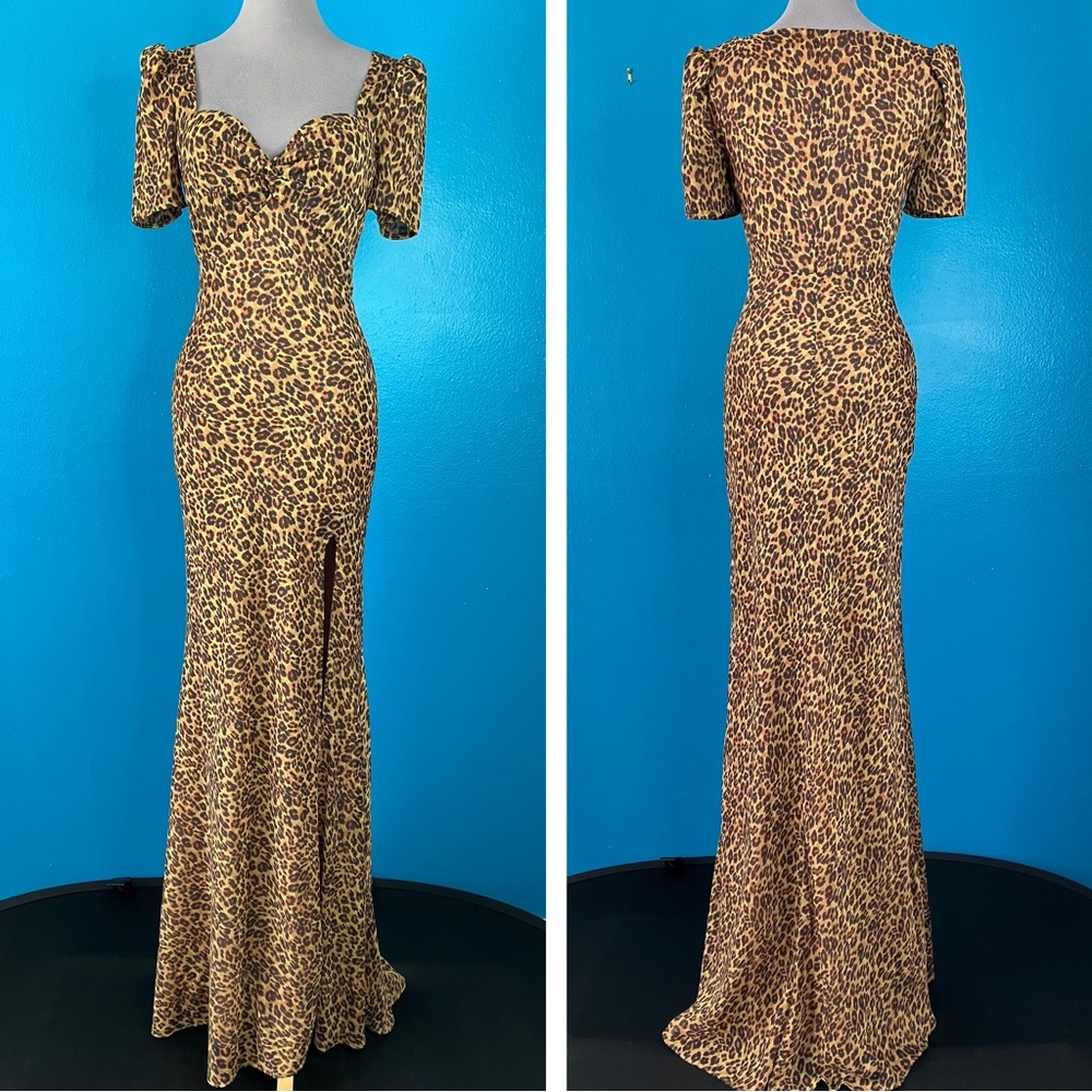 STAUD Lea Leopard Print Maxi Dress w/ Side Slit & Puff Sleeves Size 2 - Picture 3 of 16